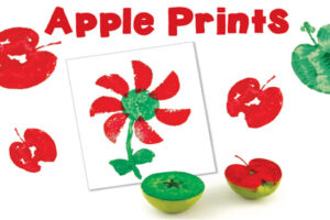 Apple stamp prints and a flower painting made using halved apples dipped in paint