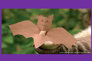 Brown paper bat finger puppet worn on a child's finger outdoors