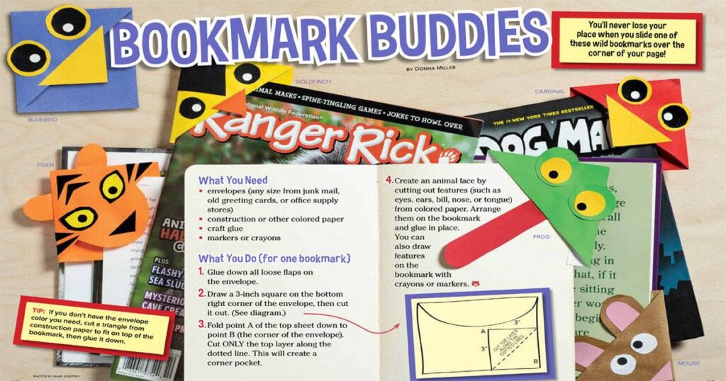 Colorful animal corner bookmark buddies including tiger fox frog and penguin with instructions