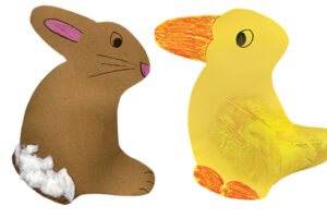 Paper craft brown bunny with cotton tail and yellow duck with feathers optical illusion shape