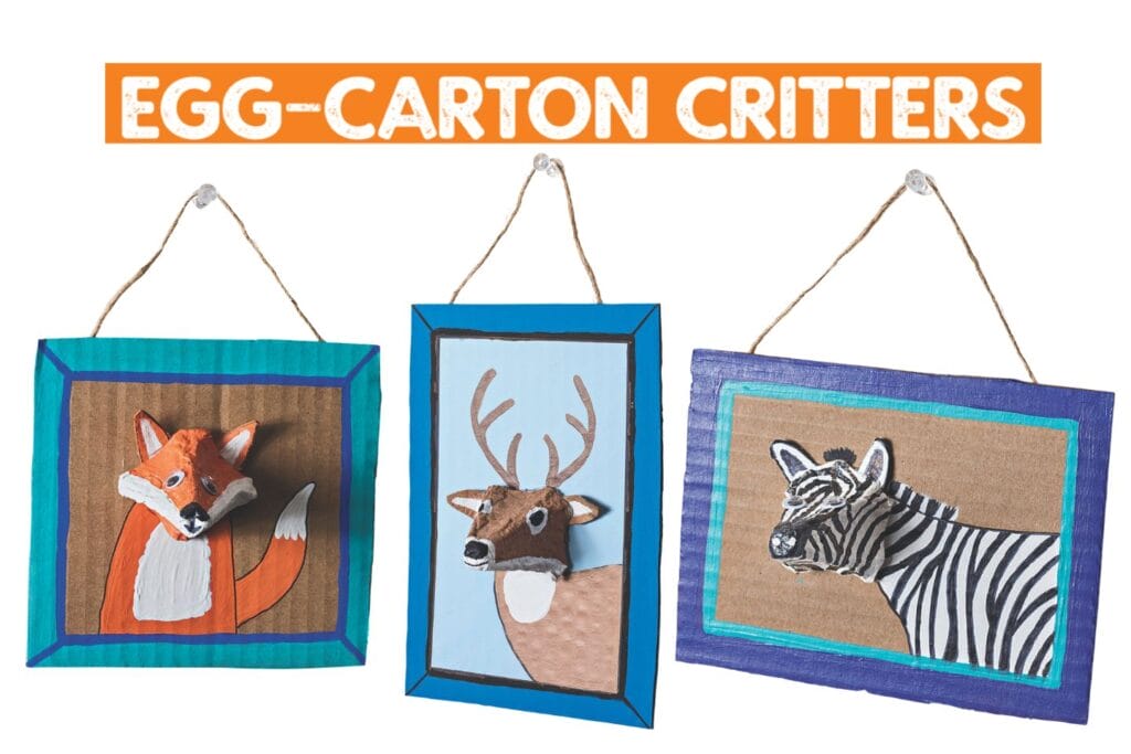 fox, deer and zebra crafts made from egg cartons, glued to cardboard