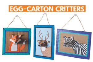 fox, deer and zebra crafts made from egg cartons, glued to cardboard