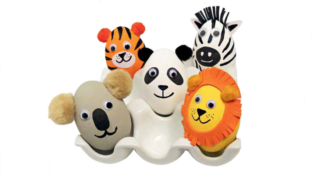 Painted wooden eggs that look like animals: tiger, lion, zebra, panda, and koala