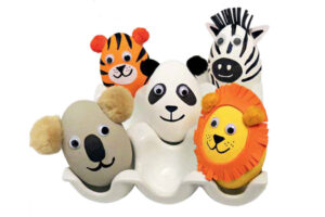 Five painted egg animals including koala tiger panda lion and zebra in white egg carton
