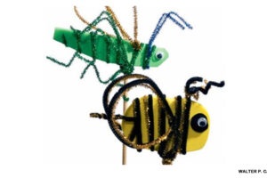 Giant pipe cleaner bug stick puppets including a yellow bee and green grasshopper