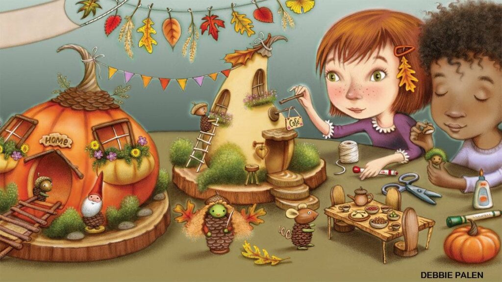 Illustrated girls building fairy village from pumpkins with acorn people and leaf garland