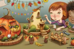 Illustrated girls building fairy village from pumpkins with acorn people and leaf garland