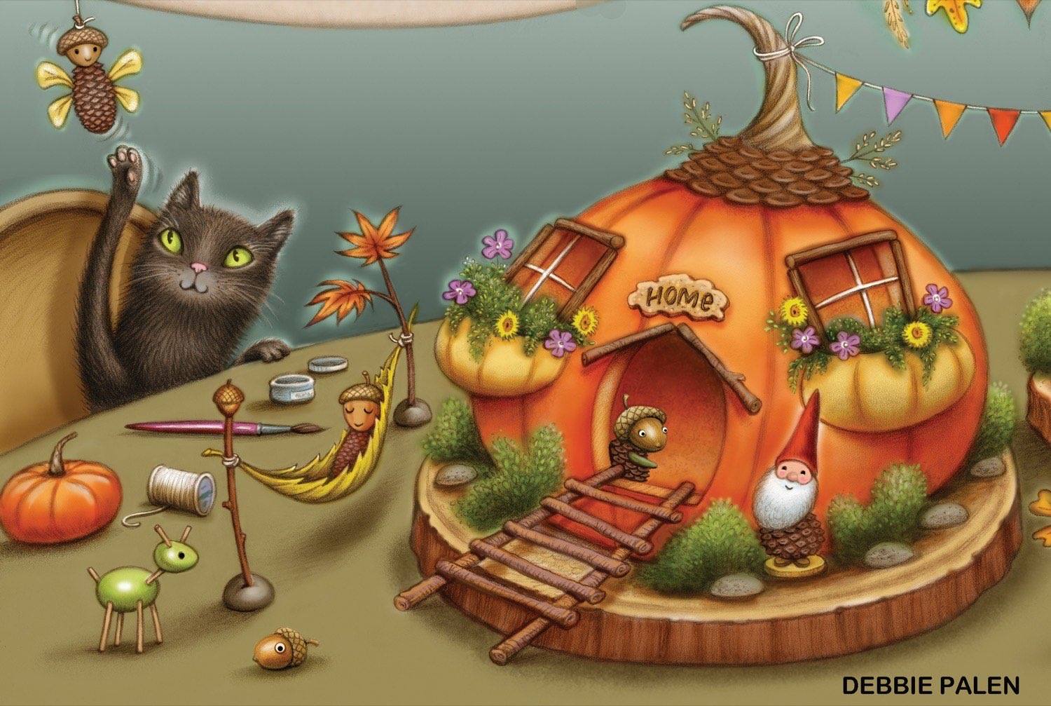 Illustrated pumpkin fairy house with windows flower boxes ladder and pinecone hedgehog with cat