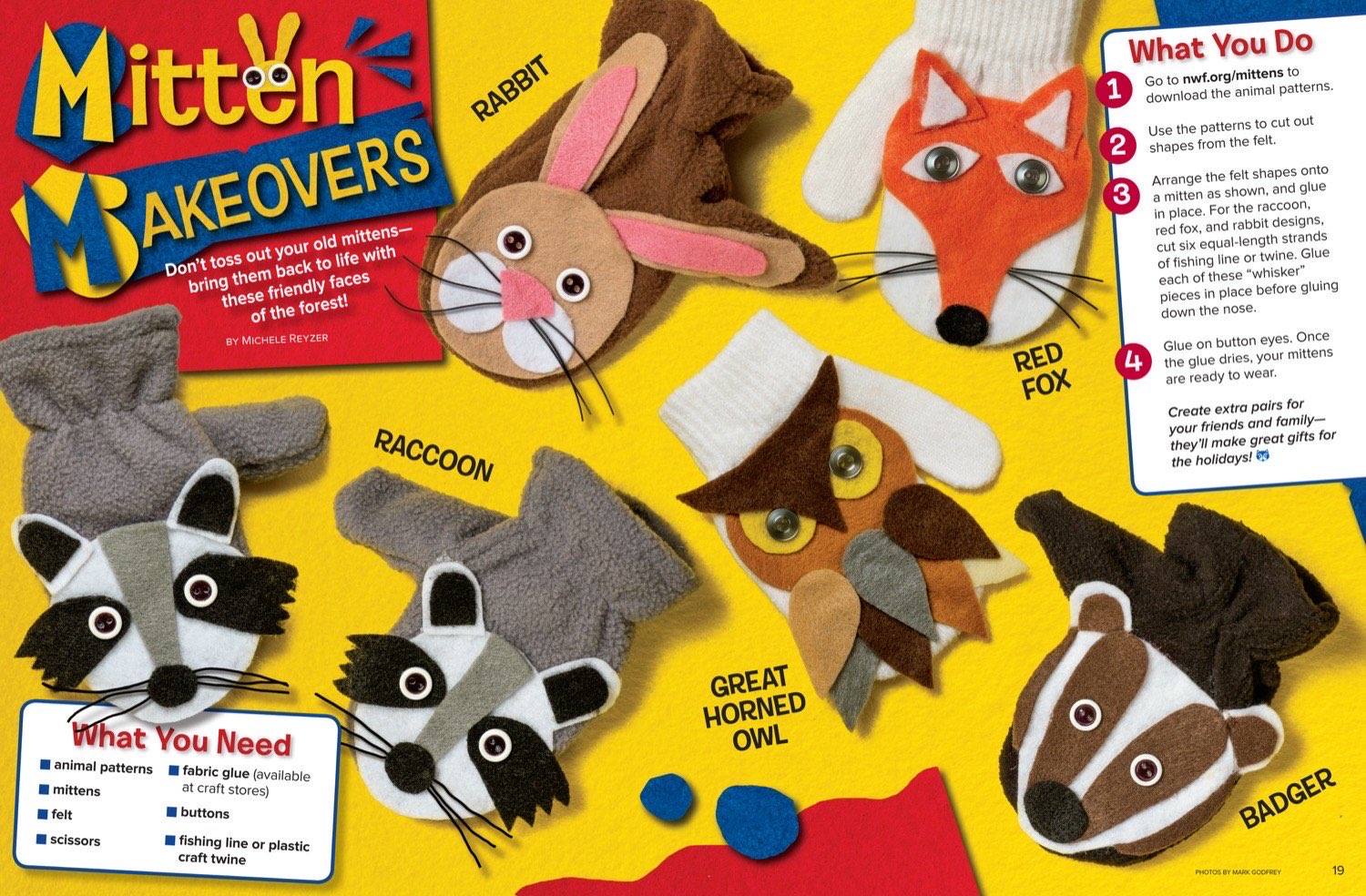 Magazine craft spread showing how to make animal mitten puppets including raccoon, fox, rabbit, owl, and badger