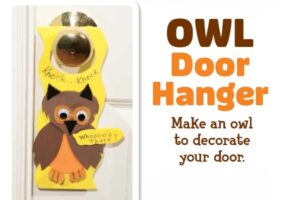 Paper owl door hanger craft hanging on doorknob with Knock Knock and Whos There text