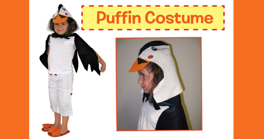 Child wearing a homemade puffin costume with black wings, orange feet, and a puffin head hat