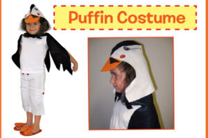 Child wearing a homemade puffin costume with black wings, orange feet, and a puffin head hat