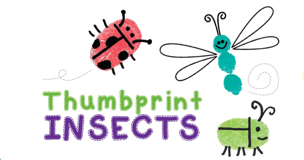 Colorful thumbprint insects including a ladybug, dragonfly, and beetle made from fingerprint art