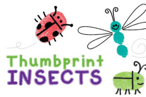 Colorful thumbprint insects including a ladybug, dragonfly, and beetle made from fingerprint art
