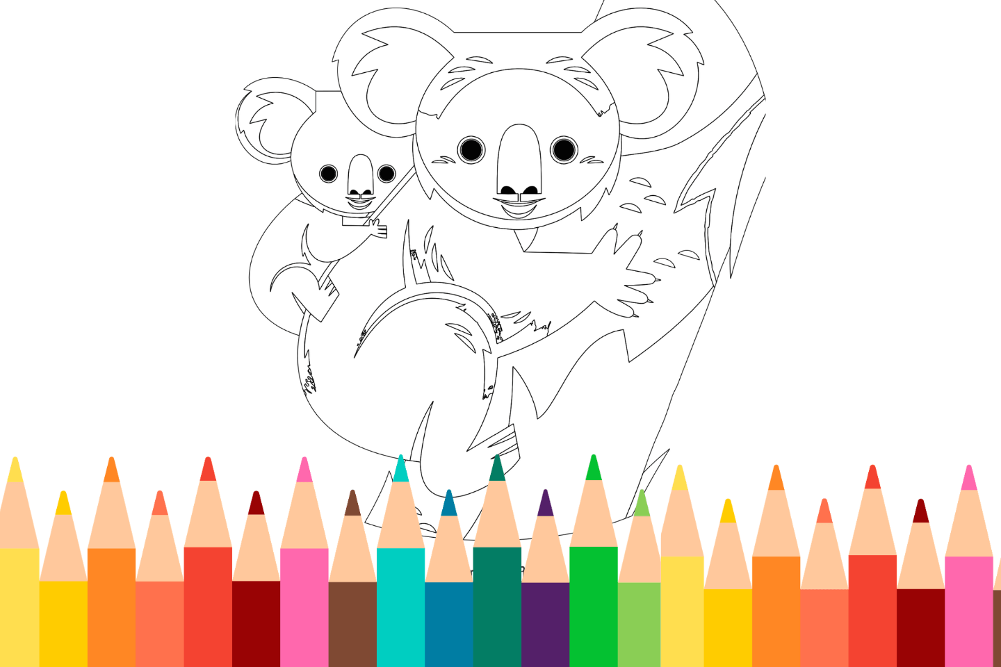 A koala mom and baby coloring page with colorful pencils at the bottom.