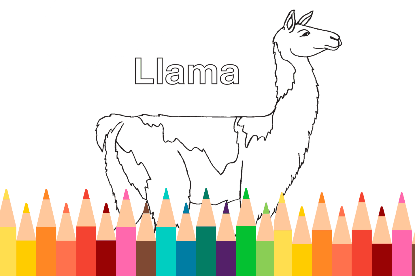 A llama coloring page with the word "Llama" and a row of colorful pencils below.