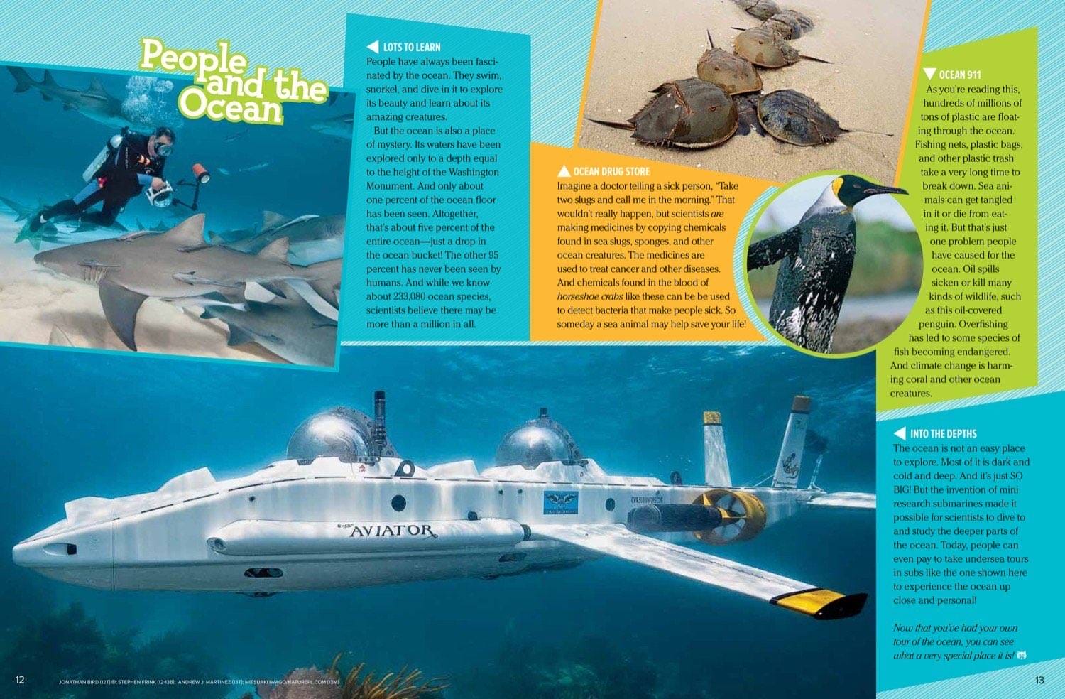 Magazine spread People and the Ocean with scuba diver sharks sea turtles and yellow submarine
