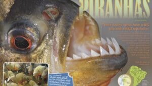 Magazine spread Piranhas with extreme closeup of piranha sharp teeth and red-bellied school photo