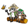 Two raccoons, one in a ranger hat, sit on a log watching a monarch butterfly.