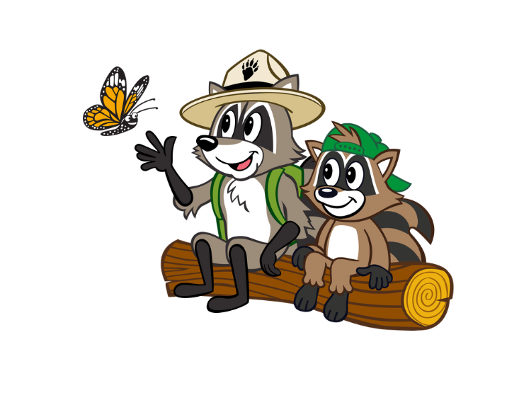 Ranger Rick and Ricky sitting on a log with a butterfly