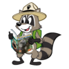 A happy raccoon in a ranger hat and backpack reads a magazine about a porcupine.