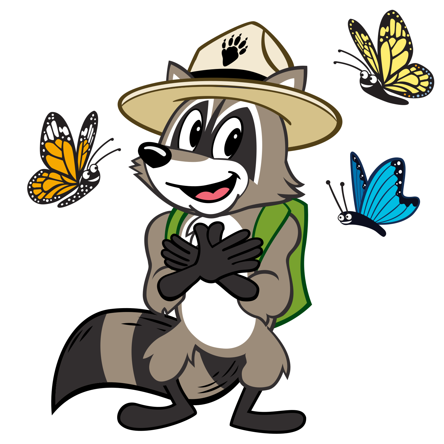 A happy raccoon in a ranger hat with a backpack smiles at three colorful butterflies.