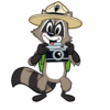 A friendly cartoon raccoon wearing a ranger hat and green backpack holds a camera.