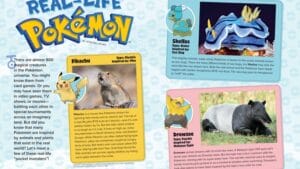 Magazine spread Real-Life Pokemon comparing Pikachu to pika Shellos to sea slug and Drowzee to tapir