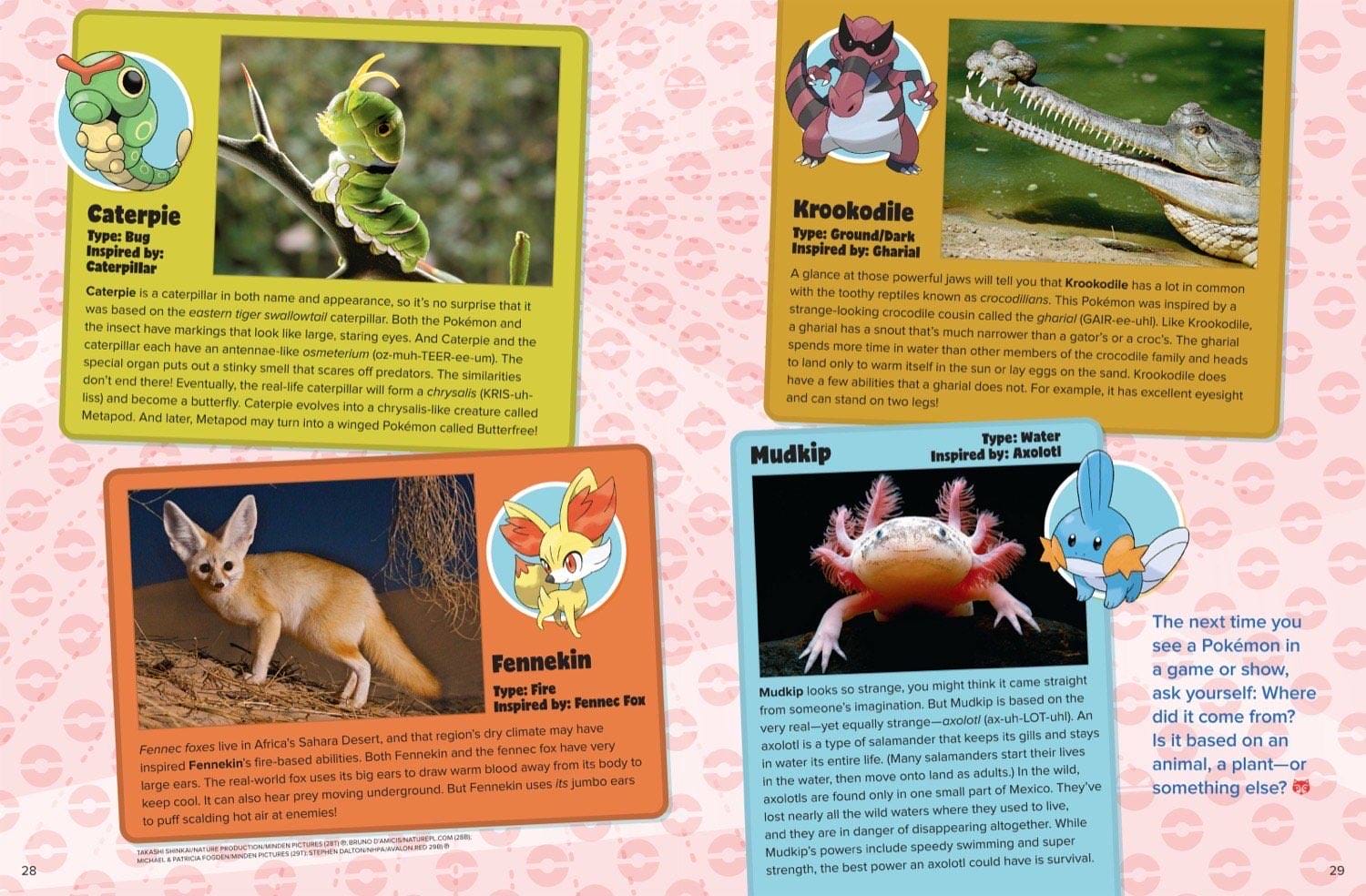 Magazine spread about real animals that inspired Pokemon including tadpole rafflesia and seal