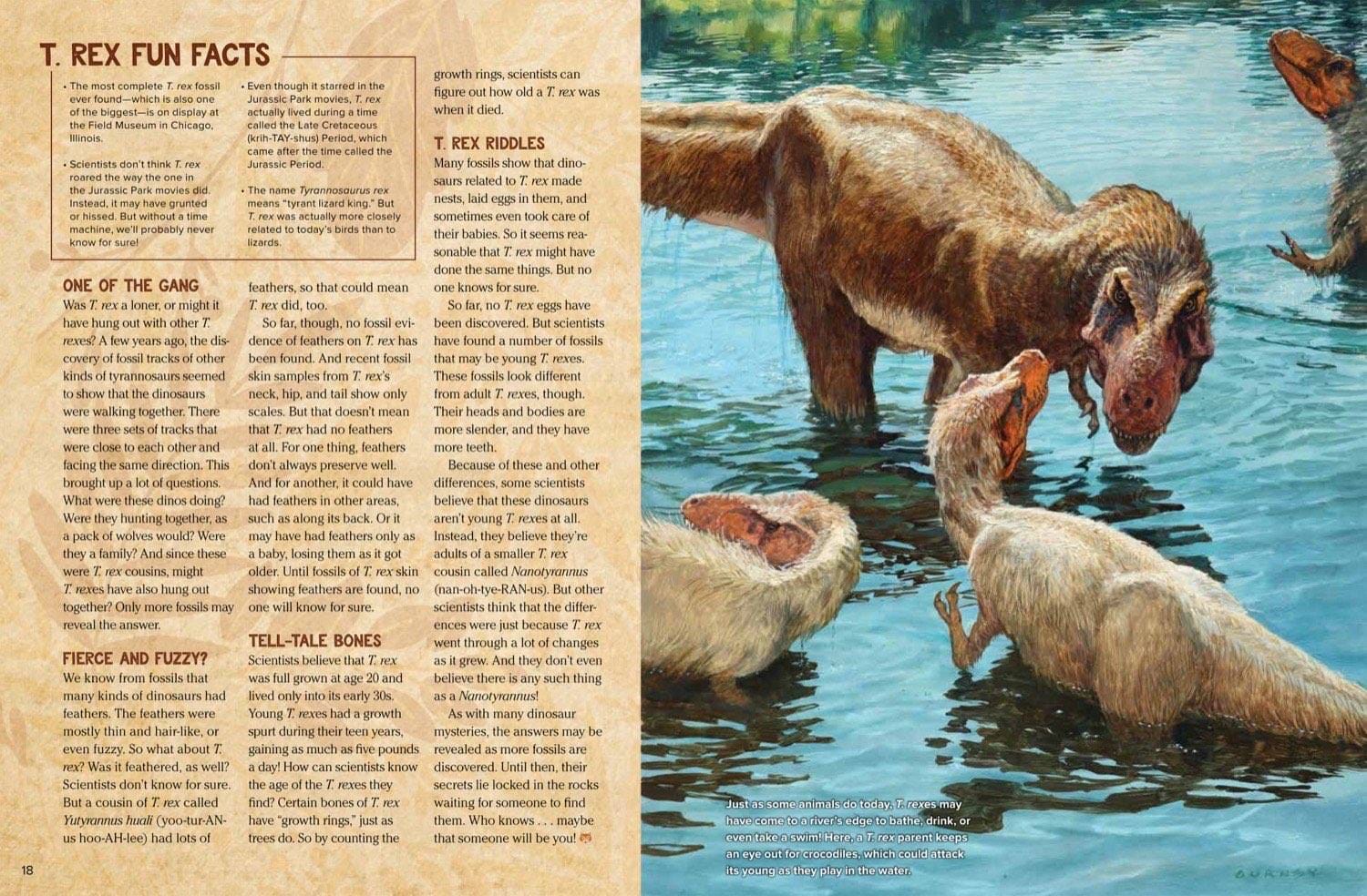 Magazine spread T. Rex Fun Facts with one of the gang riddles tell-tale bones and fuzzy baby