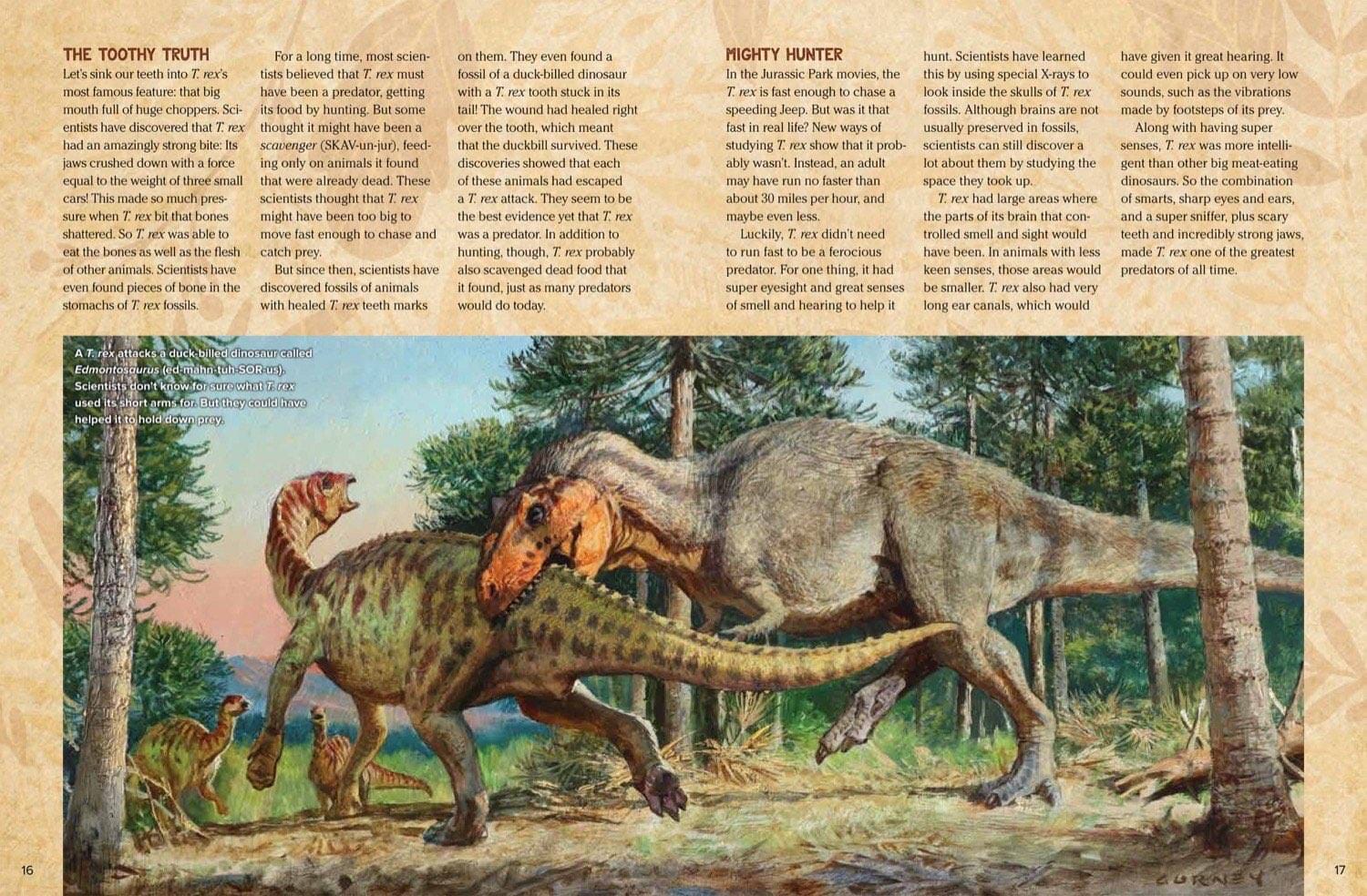 Magazine spread about T. rex teeth bones scavenger debate arms and feathered hunting paintings