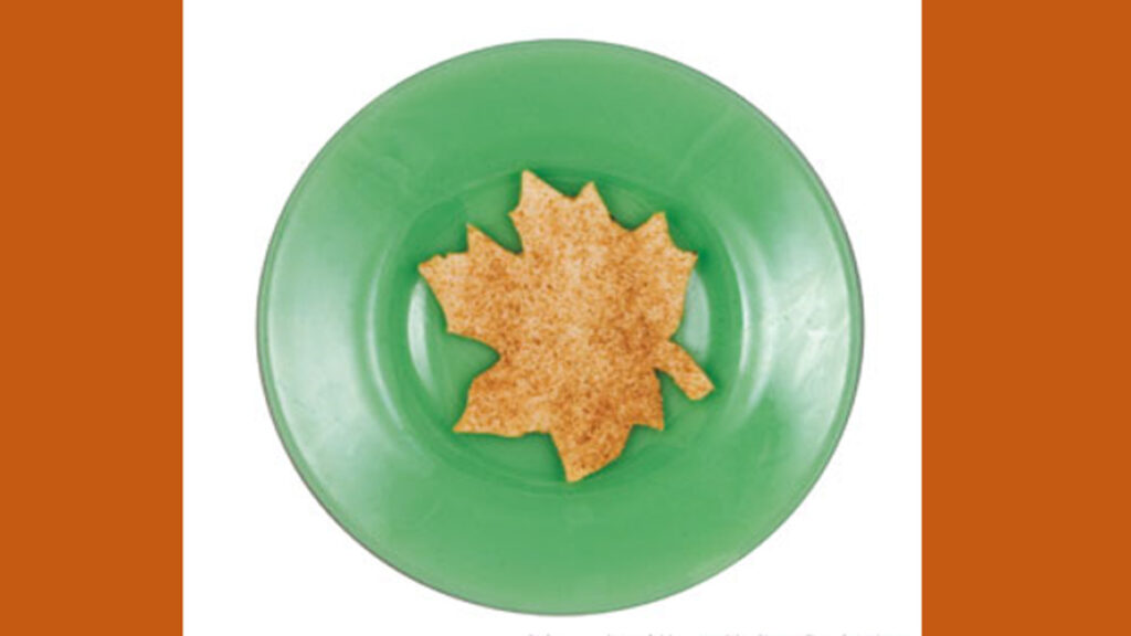 Maple leaf shaped cinnamon sugar cookie on a green plate