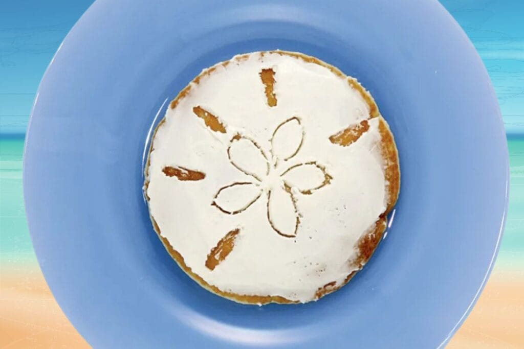 pancake shaped like a sand dollar on a blue plate with a beach background