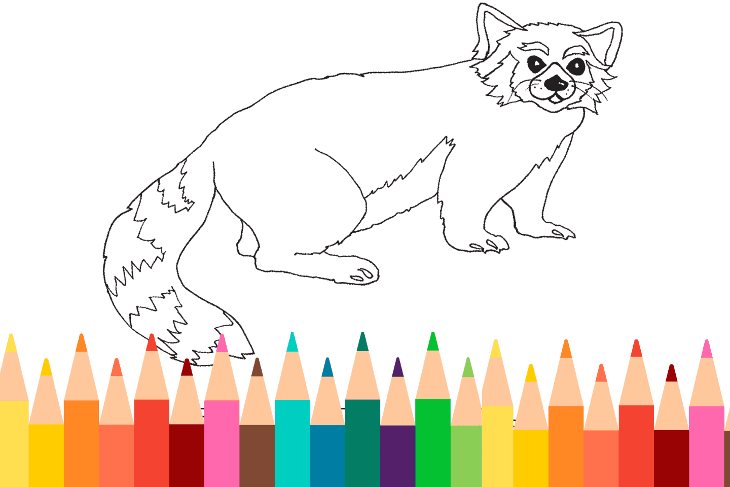 A red panda coloring page with a row of colorful pencils at the bottom.