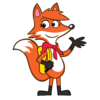 A friendly cartoon fox with a red bandana and yellow backpack waves hello.