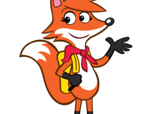 A friendly cartoon fox with a red bandana and yellow backpack waves hello.