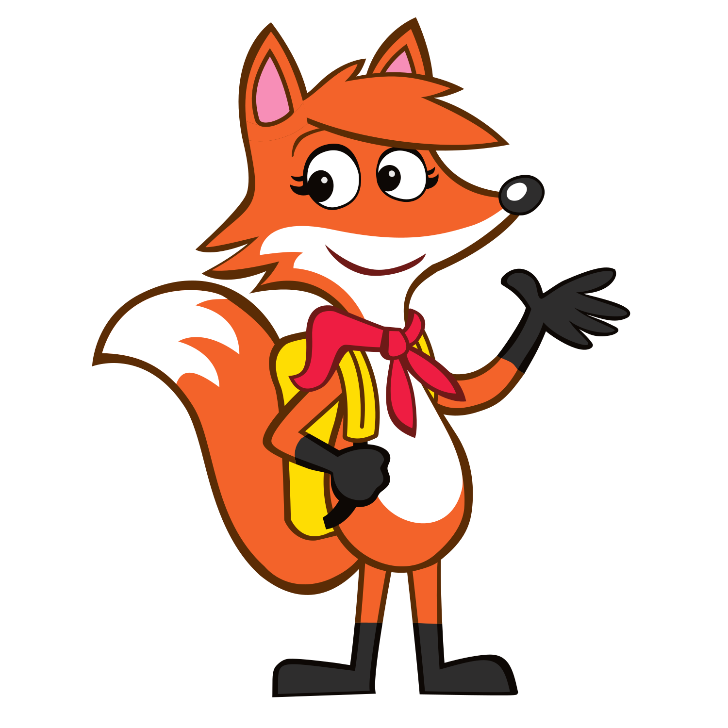 A friendly cartoon fox with a red bandana and yellow backpack waves hello.