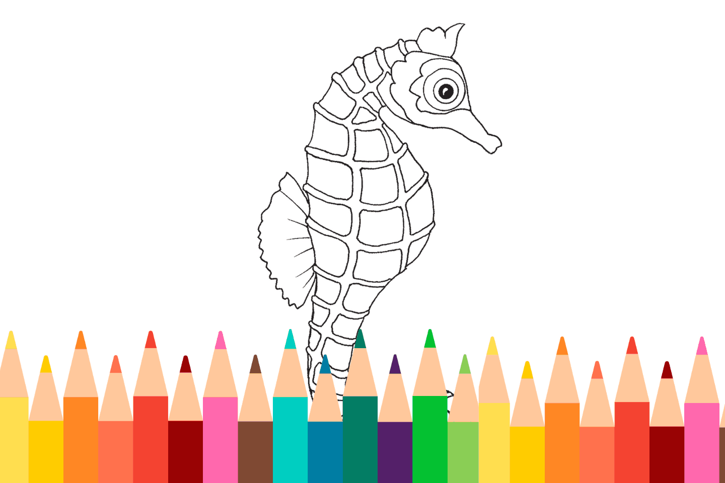 A seahorse outline for coloring with a row of colorful pencils below.