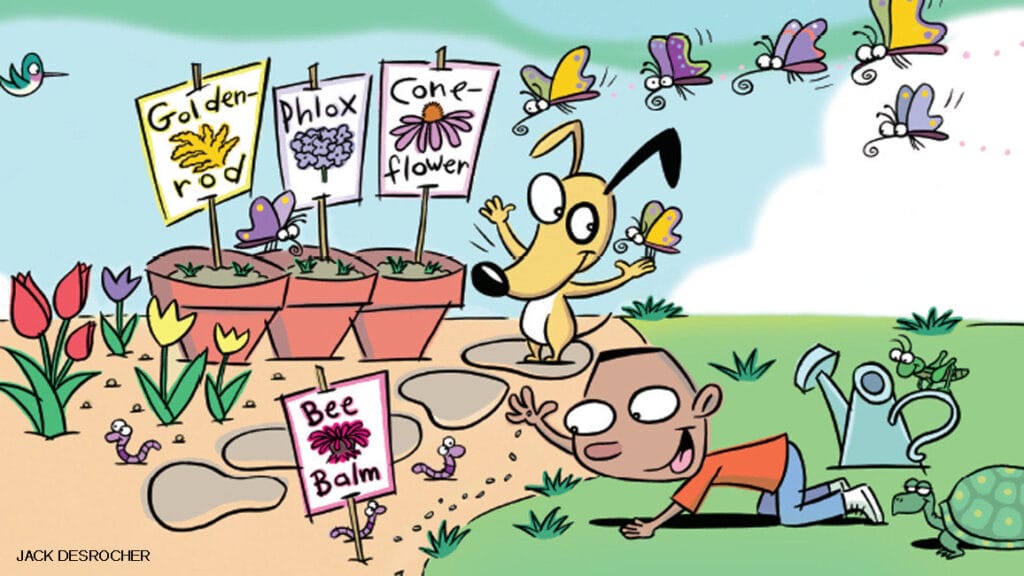 Illustrated kids and cartoon animals celebrating spring with flowers butterflies and sunshine