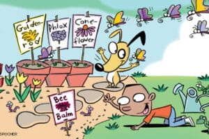 Illustrated kids and cartoon animals celebrating spring with flowers butterflies and sunshine