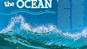 Magazine spread The Ocean with dramatic crashing turquoise wave and ocean facts text