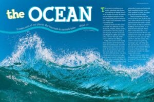 Magazine spread The Ocean with dramatic crashing turquoise wave and ocean facts text