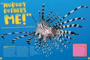 Magazine spread Nobody Bothers Me with lionfish venomous spines against bright blue ocean