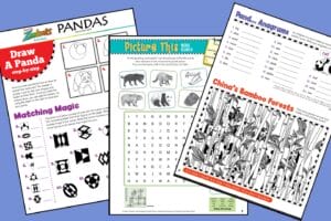 3 sheets of Zoobooks pandas activity pages with a purple-blue background