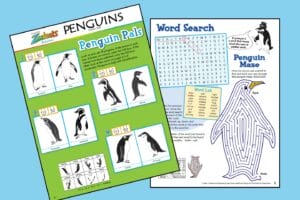 2 sheets of Zoobooks penguins activity pages with a blue background