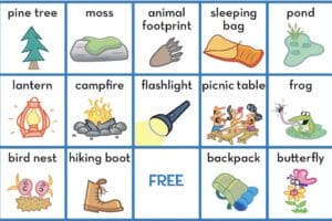 A grid of outdoor items: pine tree, moss, animal footprint, sleeping bag, pond, lantern, campfire, flashlight, picnic table, frog, bird nest, hiking boot, FREE, backpack, and butterfly.
