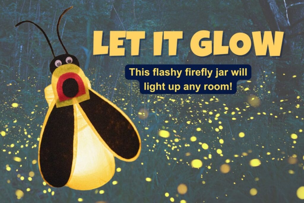 closeup of a glowing firefly lantern craft made from a recycled jar