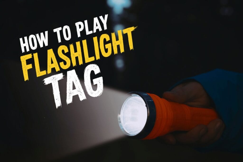 Red flashlight shining at night with the words "How to Play Flashlight Tag" in white and yellow