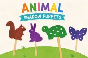 Colorful paper animal shadow puppets on craft sticks including squirrel, rabbit, turtle, and butterfly