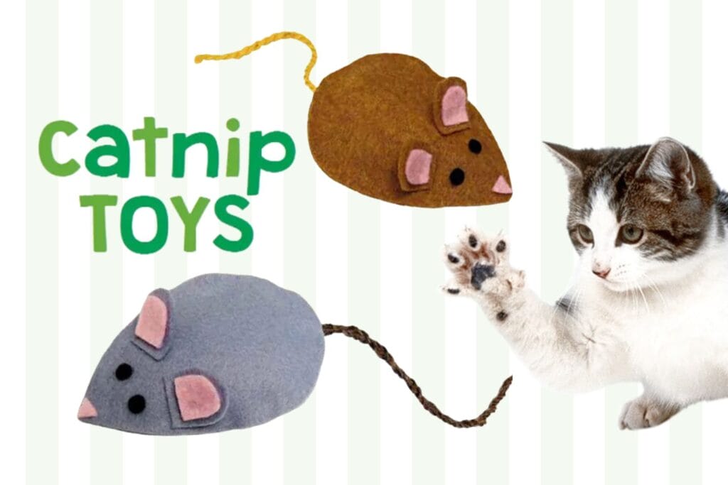 gray and brown mouse-shaped felt catnip toys with a pet cat grabbing them